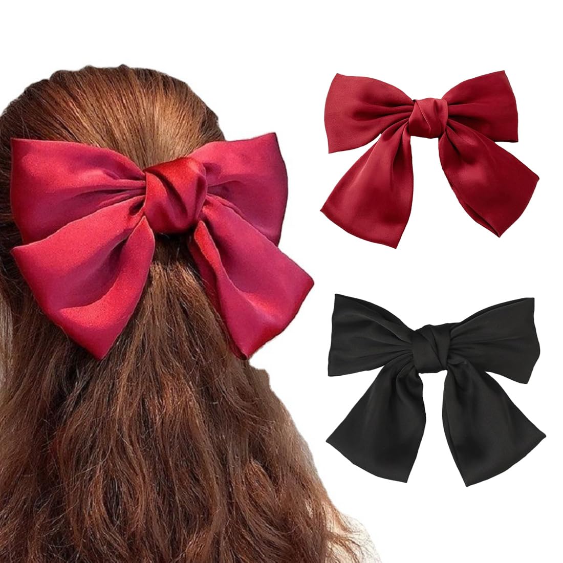 2Pcs Bow Hair Clip, Hair Bows for Women, Satin Vintage Solid Color Bowknot, French Hair Clips, Solid Color Hair Barrette Clips, Soft Satin Silky Hair Bows, Hair Barrettes Accessories for Women Girls