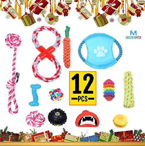 Christmas Gift MASTERPETZ Set of 12pcs Assorted Dog Toy Set Ball Rope and Chew Squeaky Toys for All Dog Size , Excellently Clean Teeth and Gum, Educational Dog Toy to Stimulate Pet Mentally Physically