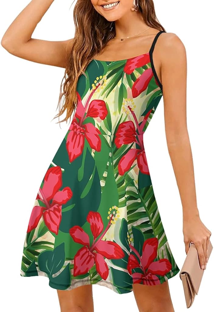 Women Sleeveless Sling Swing Dress Hawaiian Aloha Red Flowers Tropical Hibiscus Cute Adjustable 