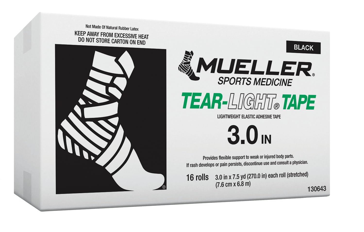 Mueller Tear-Light Tape, Black, 7.6 cm x 6.8 m, 16 rolls