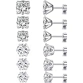 VOLUKA Titanium Flat Back Earrings - Pack of Surgical Stainless Steel Round Square Princess Cut CZ Screw Back Stud For Women Men Hypoallergenic Cubic Zirconia Earrings