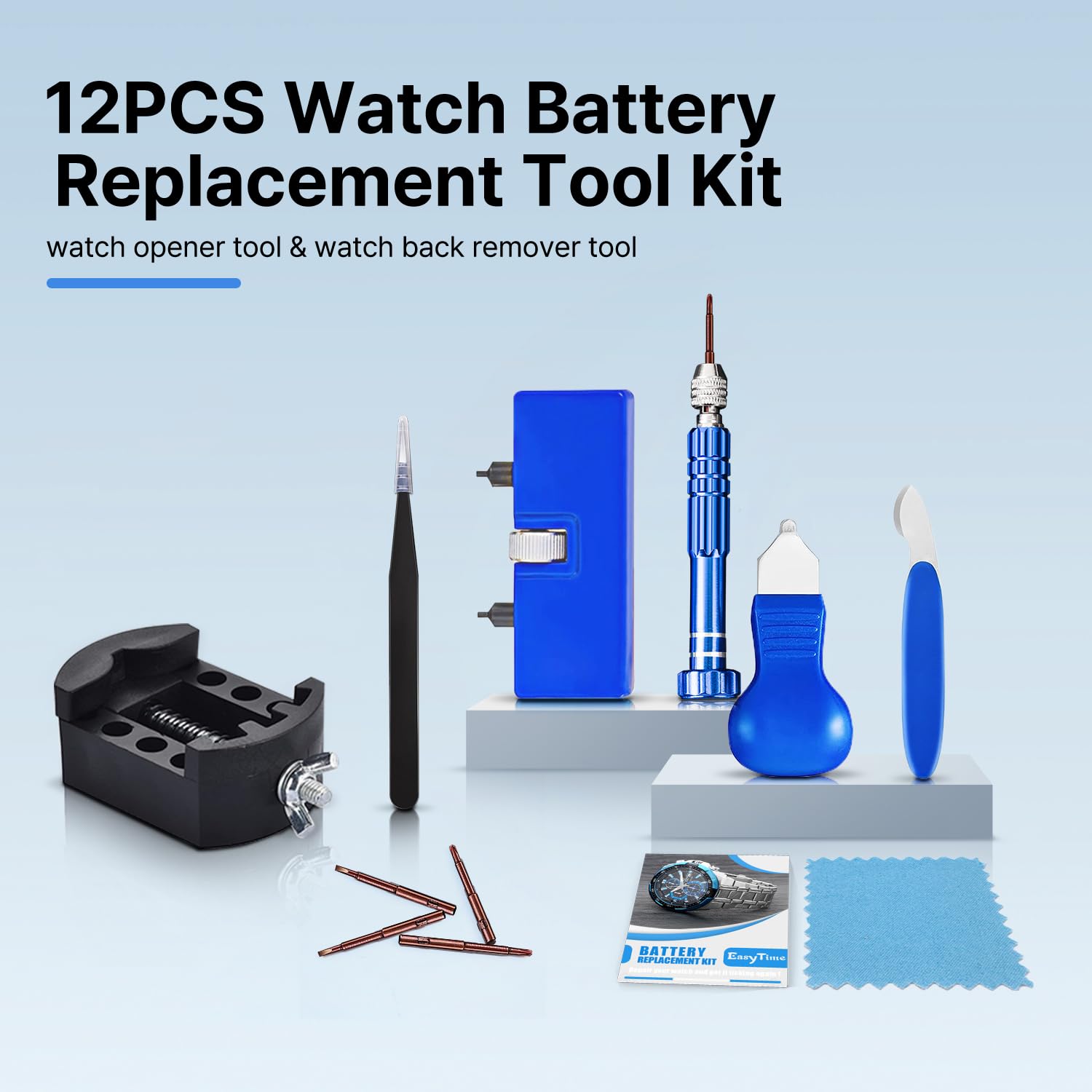 Watch Battery Replacement Tool Kit: EasyTime Professional Watch Repair Toolkit Watch Back Remover Set with Adjustable Case Opener, Tweezers, Screwdriver and Instructions