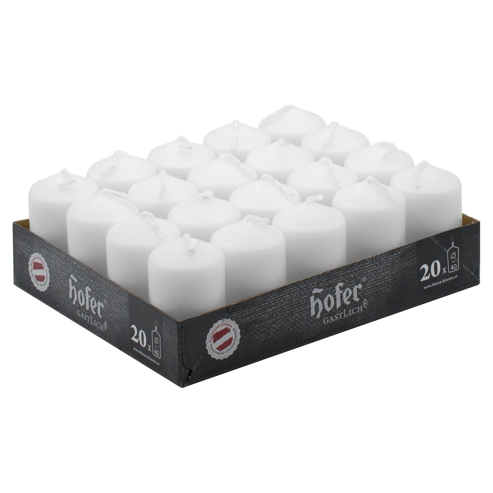 Hofer White Pillar Candles - Set of 20 Decorative Small Candles - 4 x 7 cm - 11 Hours Long Burning - Unscented - Dripless - Smokeless - RAL Quality