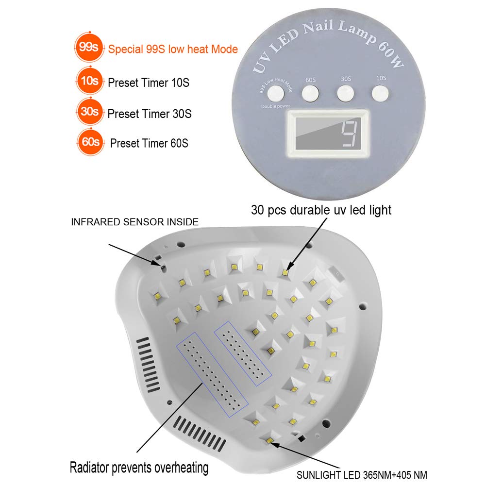 60W Gel Nail Lamp UV LED Dryer Curing Lamps Light Fingernail & Toenail Polish Art Professional by Snow Eagle-L