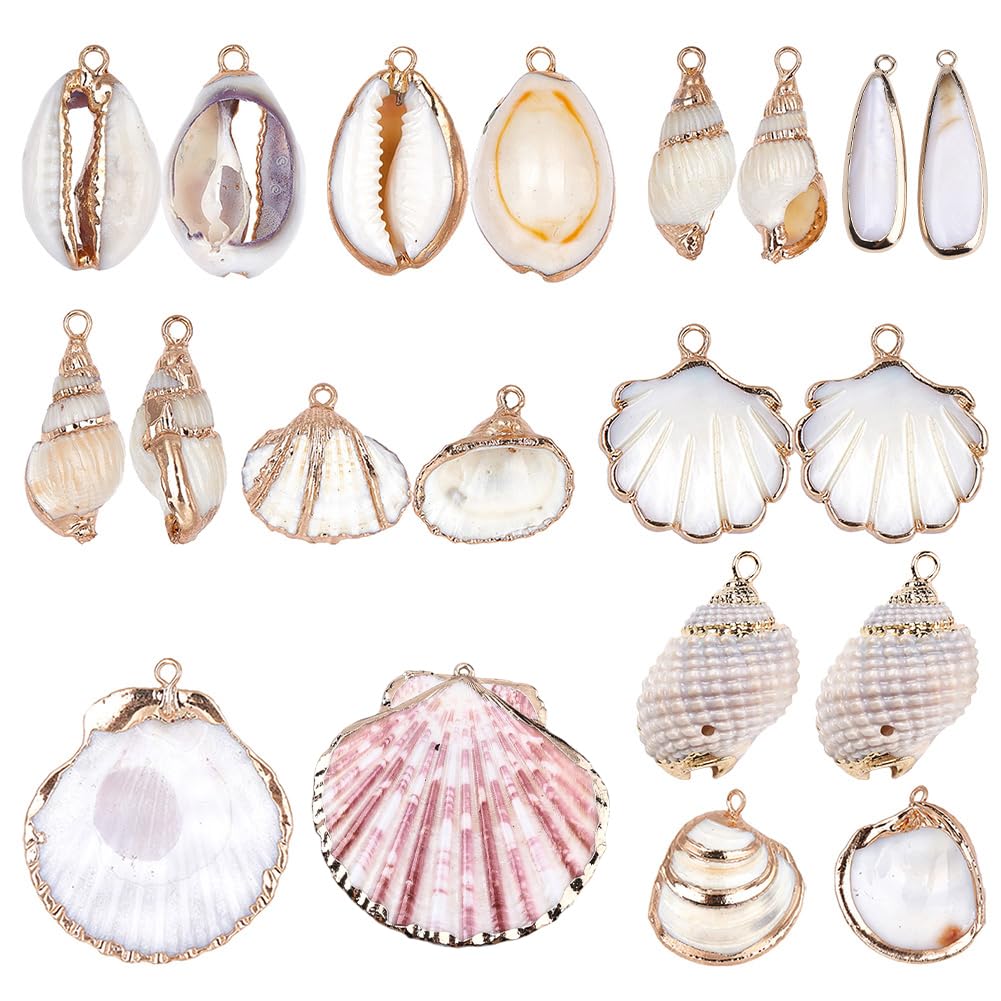 SUNNYCLUE 1 Box 20pcs 10 Styles Natural White Cowrie Seashells Pendant Conch Shells Plated Summer Ocean Seashells Charms for Necklace Bracelet Earring Jewellery Making Party Supplies