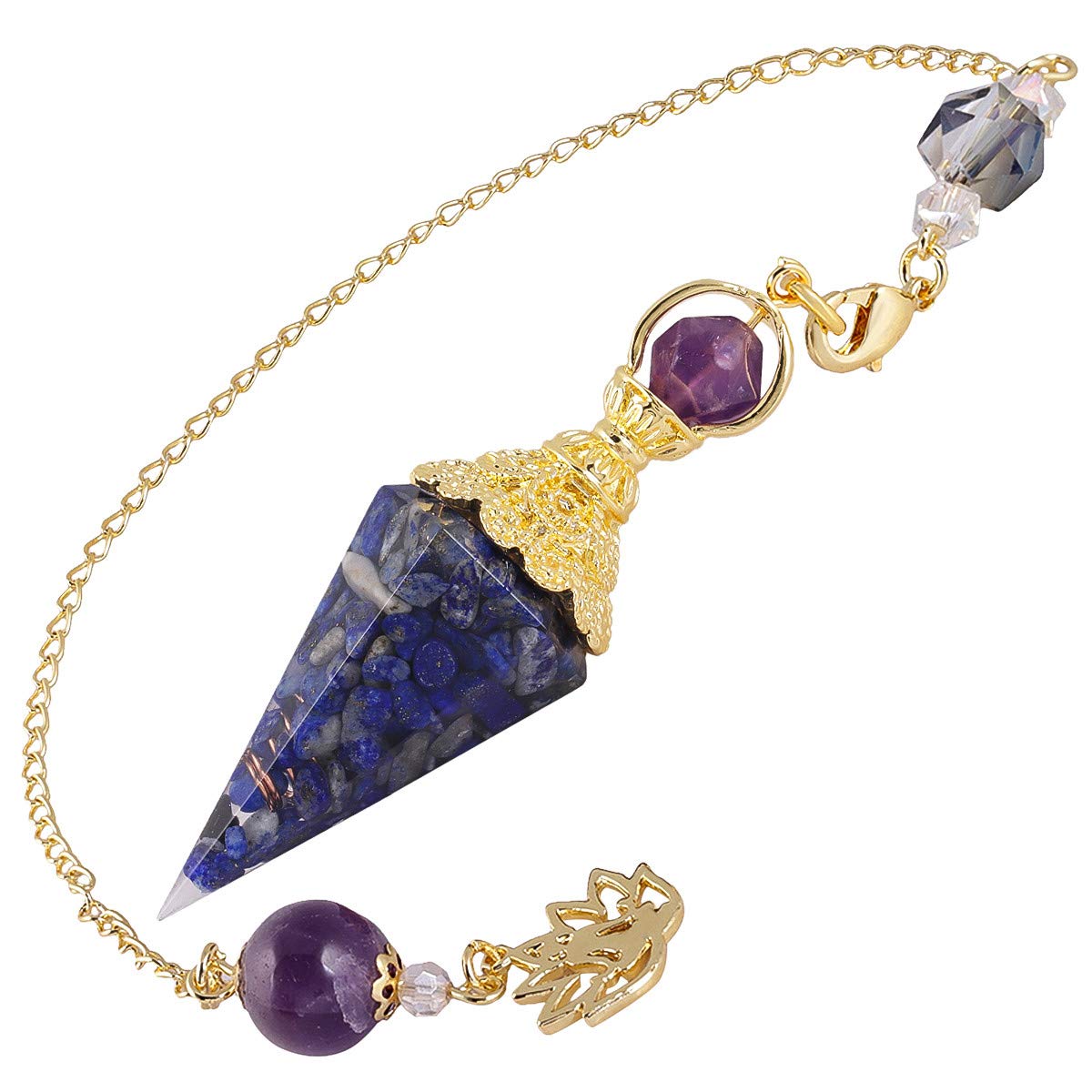 Nupuyai Lapis Lazuli Healing Crystal Point Dowsing Pendulum for Divination Scrying, Resin Chip Stone Faceted Hexagonal Pendulum with Chain