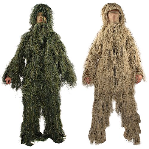 TargetEvo Hunting Ghillie Suit Desert/Woodland Camouflage Clothing includes Jacket Trousers Hood Gun Wrap Drawstring Bag in 5-Piece for Airsoft Halloween Prank