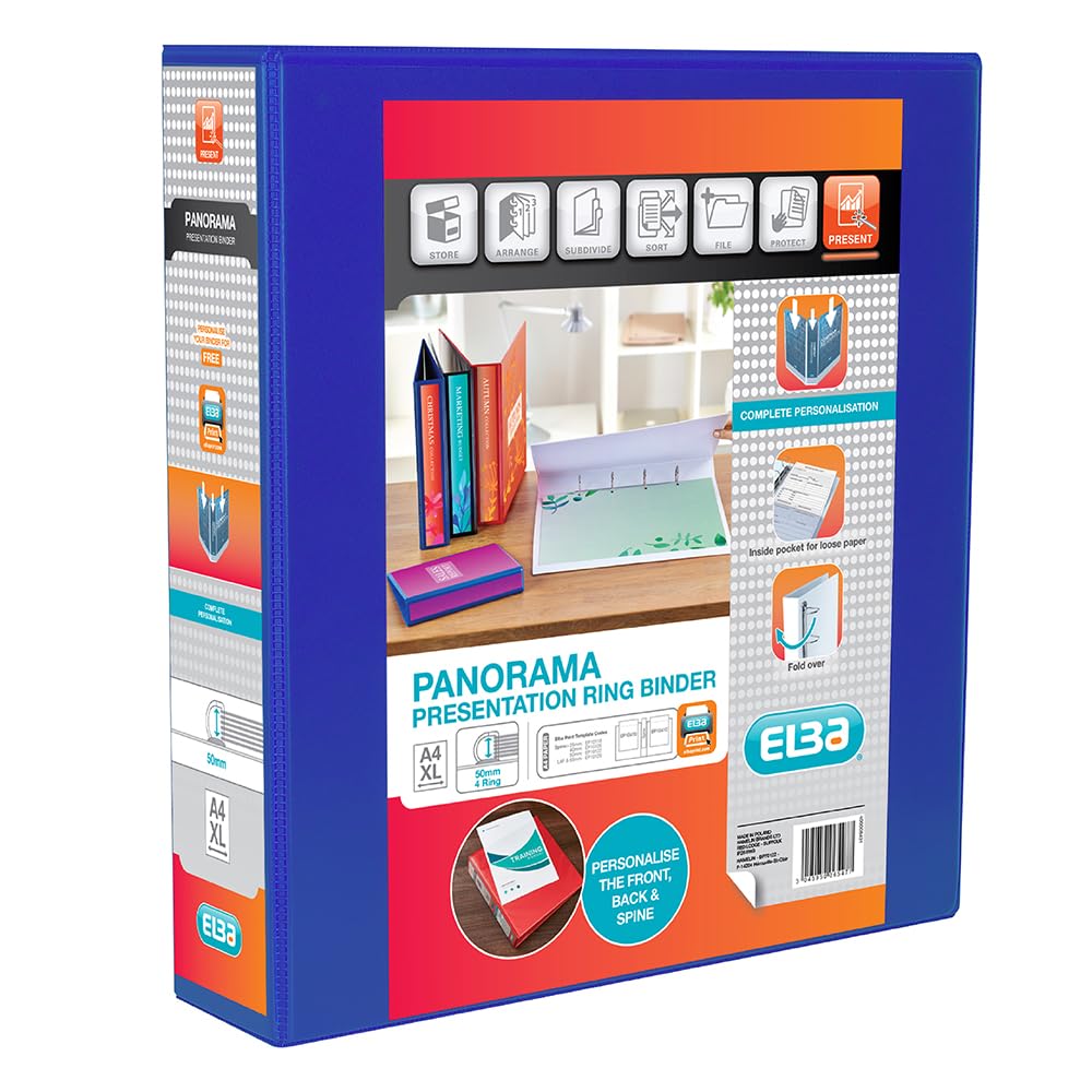 Elba A4 4 D-Ring Binder, 50mm capacity, 70mm spine, Presentation Folder with Customisable Cover, Portrait, Blue (Single)