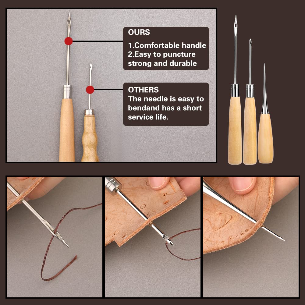 TLKKUE 55 PCS Leather Working Tools, Leathercraft Kit with Roll Bag, Groover Stitch Wheel Waxed Threads Awl Needles Manual, Leather Sewing Kit for DIY Sewing Craft Projects