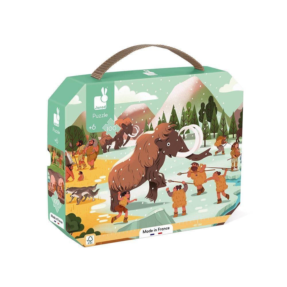 Janod - Prehistoric Puzzle - 100-Piece FSC Cardboard Puzzle - Prehistoric Panorama - Develops Patience and Concentration - Made in France - Children’s Puzzle for Ages 6 +, J02546