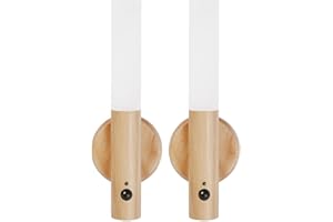 LANDGOO LED Automatic Motion Sensor Lights Wall Lamps Set of 2 Sconces Battery Operated Rechargeable Portable Magnetic 360° Rotation Cordless for Bedroom Bedside (White Ash Wood 2pcs)