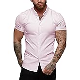 URRU Men's Muscle Dress Shirts Slim Fit Stretch Short Sleeve Casual Button Down Shirts for Men