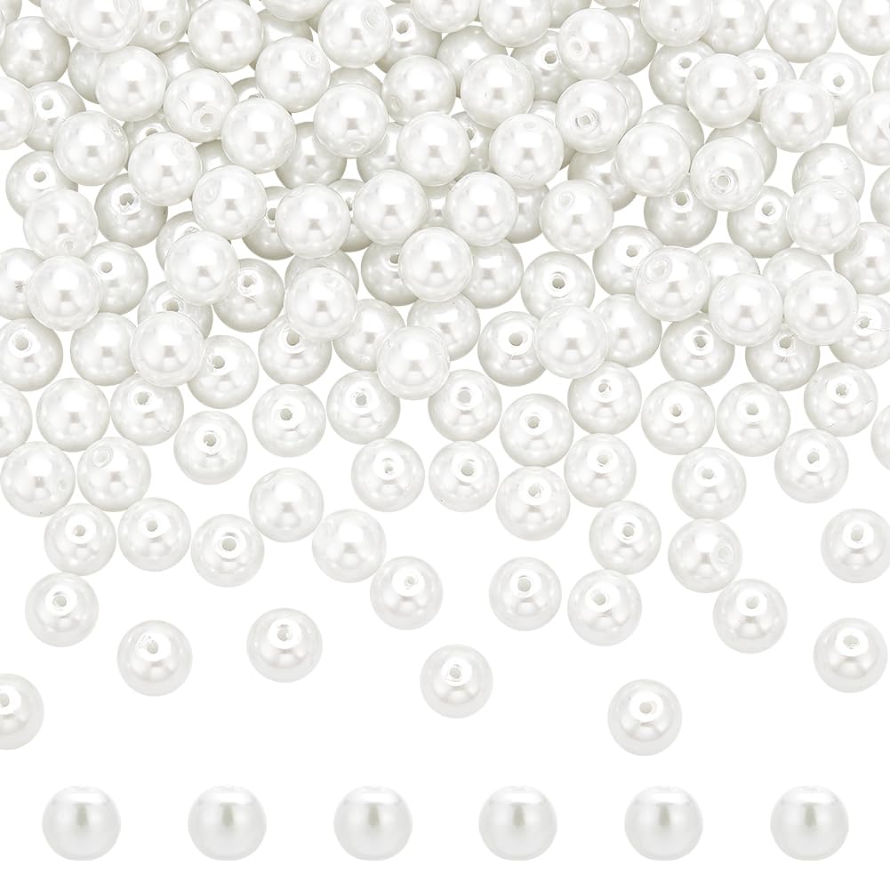PH PandaHall 8mm White Pearl Beads for Jewellery Making, 200Pcs Glass Pearl Beads Tiny Satin Luster Beads Round Christmas Crafting Beads for Neckalce Bracelet Earring DIY Crafts