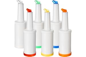 CHENGU 6 Pcs Bar Pour Colorful Juice Pouring Bottle Containers 34 oz Plastic Juice Dispensers for Bar Home Party Kitchen Supplies (White,Orange,Red,Yellow,Blue,Green)