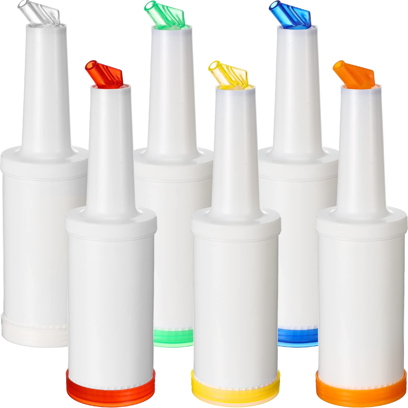 Photo 1 of CHENGU 6 Pcs Bar Pour Colorful Juice Pouring Bottle Containers 34 oz Plastic Juice Dispensers for Bar Home Party Kitchen Supplies (White,Orange,Red,Yellow,Blue,Green)
