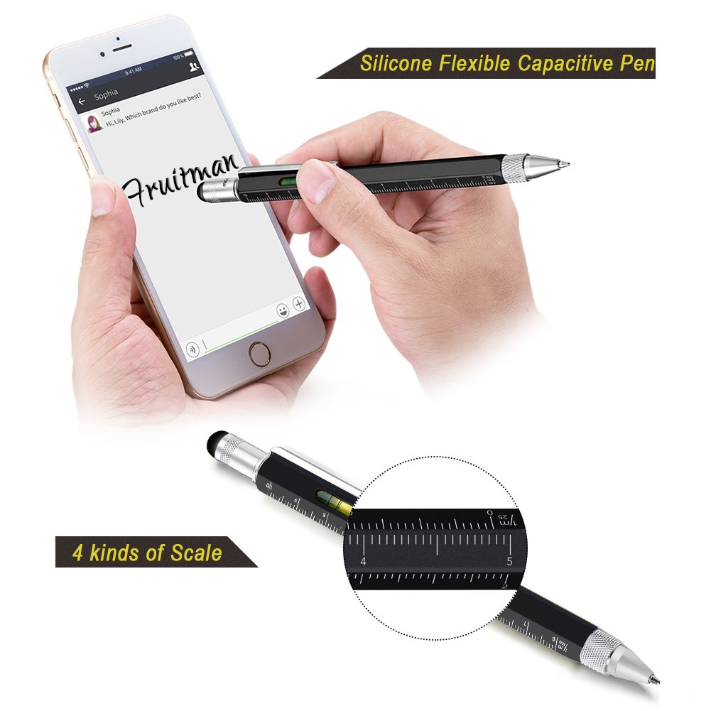 Useful Gadgets for Men, Amteker Multi Tool Pens for Mens Gifts, Touch Screen Stylus Pen, Ballpoint Pen with Scale Ruler, Spirit Level, Small Screwdriver Set, 4 The Pen Refills, Presents for Men(Black)