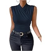 SweatyRocks Women's Ruched Wrap Mock Neck Tank Tops Casual Sleeveless Solid Slim Fit Tank Top