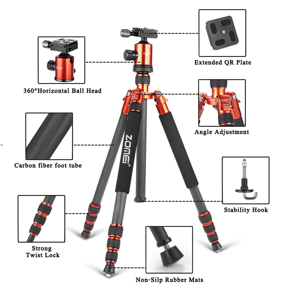 ZOMEI  Light Weight Portable Carbon Fiber Travel Complete Tripod Come With Ball Head Carry Case For Digital/Camcorder/DSLR/SLR/Video Camera, Orange