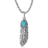 Lattd Feather Necklace with Turquoise/Black Onyx in 925 Sterling Silver Indian Feather Pendant for Men Women