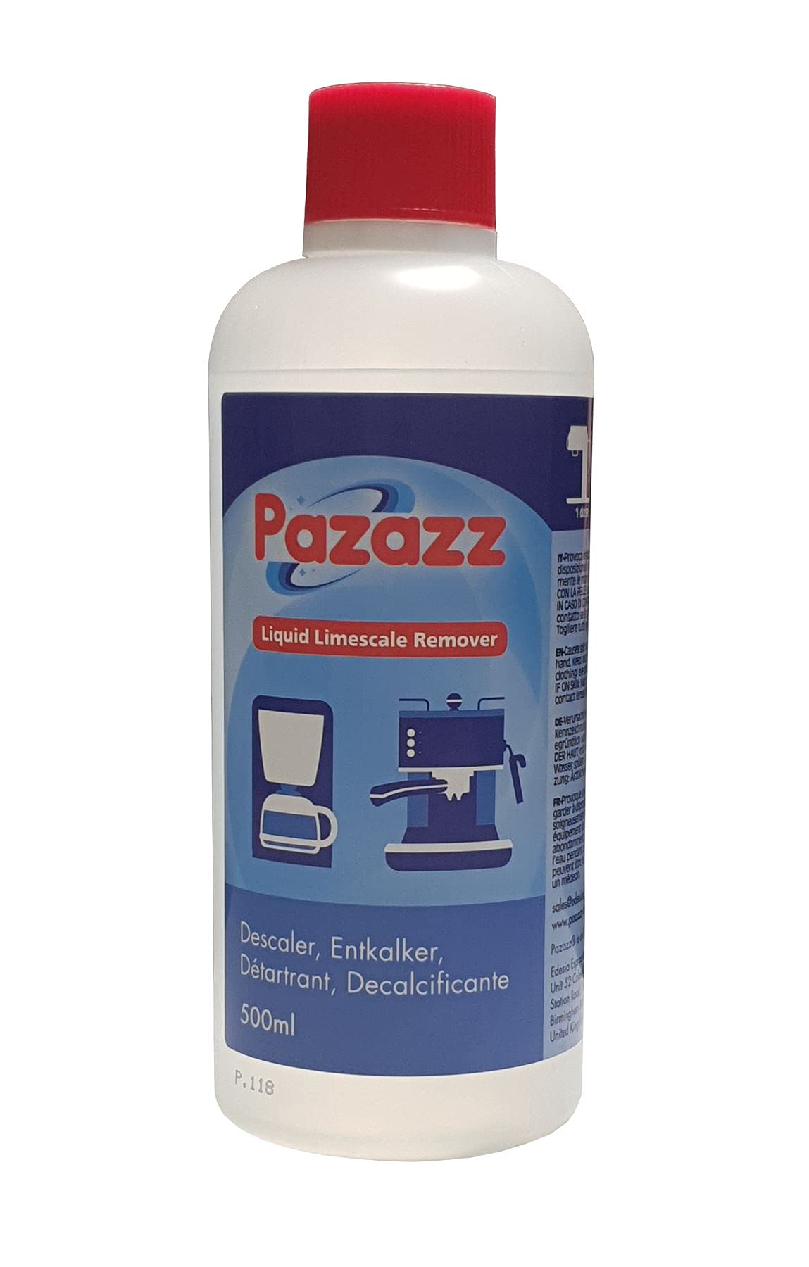PAZAZZ Liquid Limescale Remover - 500ml - Decalk Descaler for Coffee Espresso Machines - Compatible with DELONGHI SAGE GAGGIA KRUPS DUALIT etc.