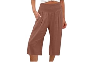 MaMiDay High Waisted Capri Pants for Women Linen Trendy Wide Leg Summer Capris Loose Comfy Casual Palazzo Pants with Pockets