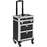 mefeir Aluminum Rolling Makeup Train Case, Portable Makeup Organizer Suitcase, Cosmetic Storage Box, Travel Beauty Luggage Trolley Lockable w/4 Removable Wheels & 2 Sliding Drawers (Black)