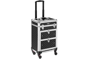 mefeir Aluminum Rolling Makeup Train Case, Portable Makeup Organizer Suitcase, Cosmetic Storage Box, Travel Beauty Luggage Trolley Lockable w/4 Removable Wheels & 2 Sliding Drawers (Black)