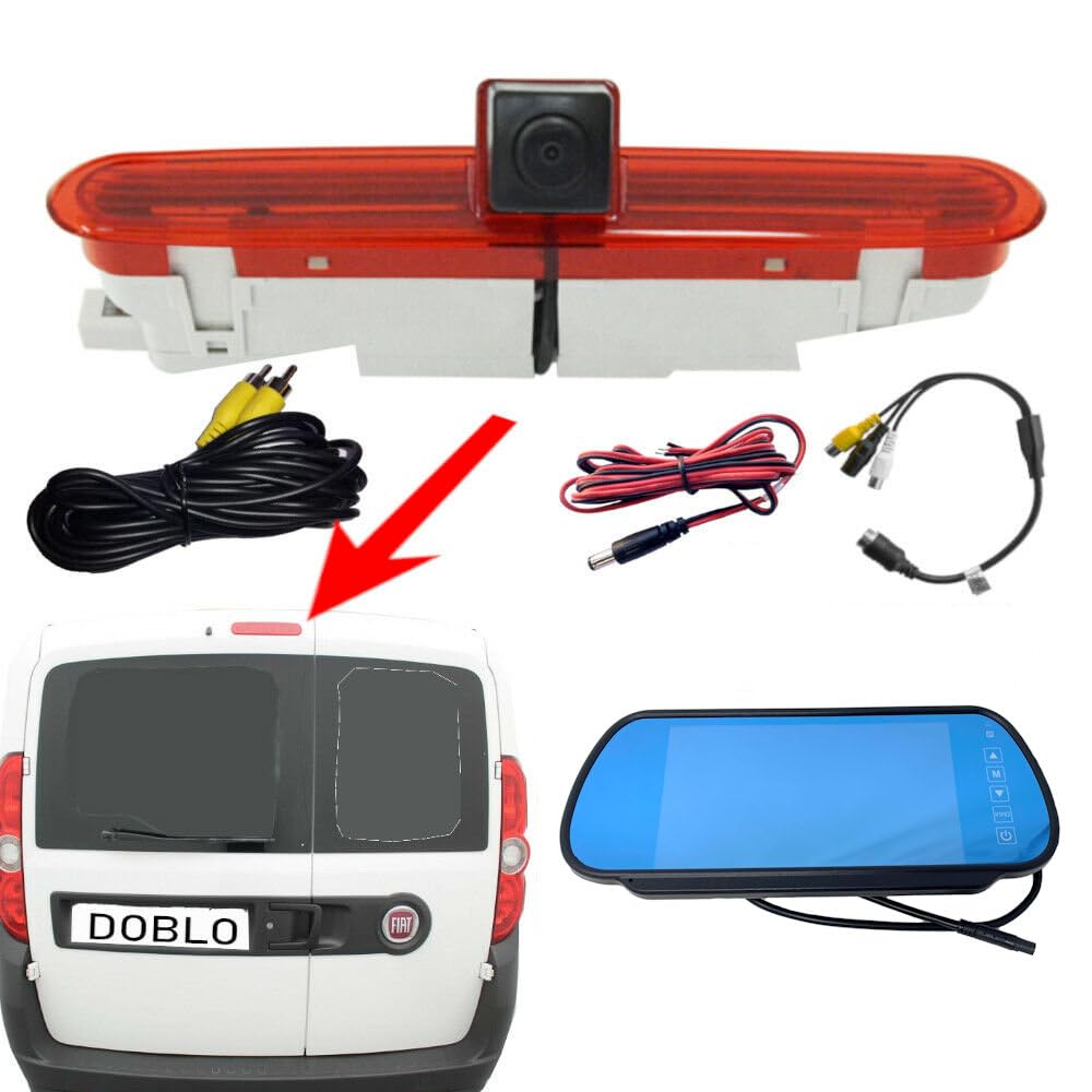 Dolphin Automotive Brake Light Rear View Reversing Camera Fits Fiat Doblo 2010 Onwards and Vauxhall Combo 2011-2018 (Camera With 7" Mirror Monitor)