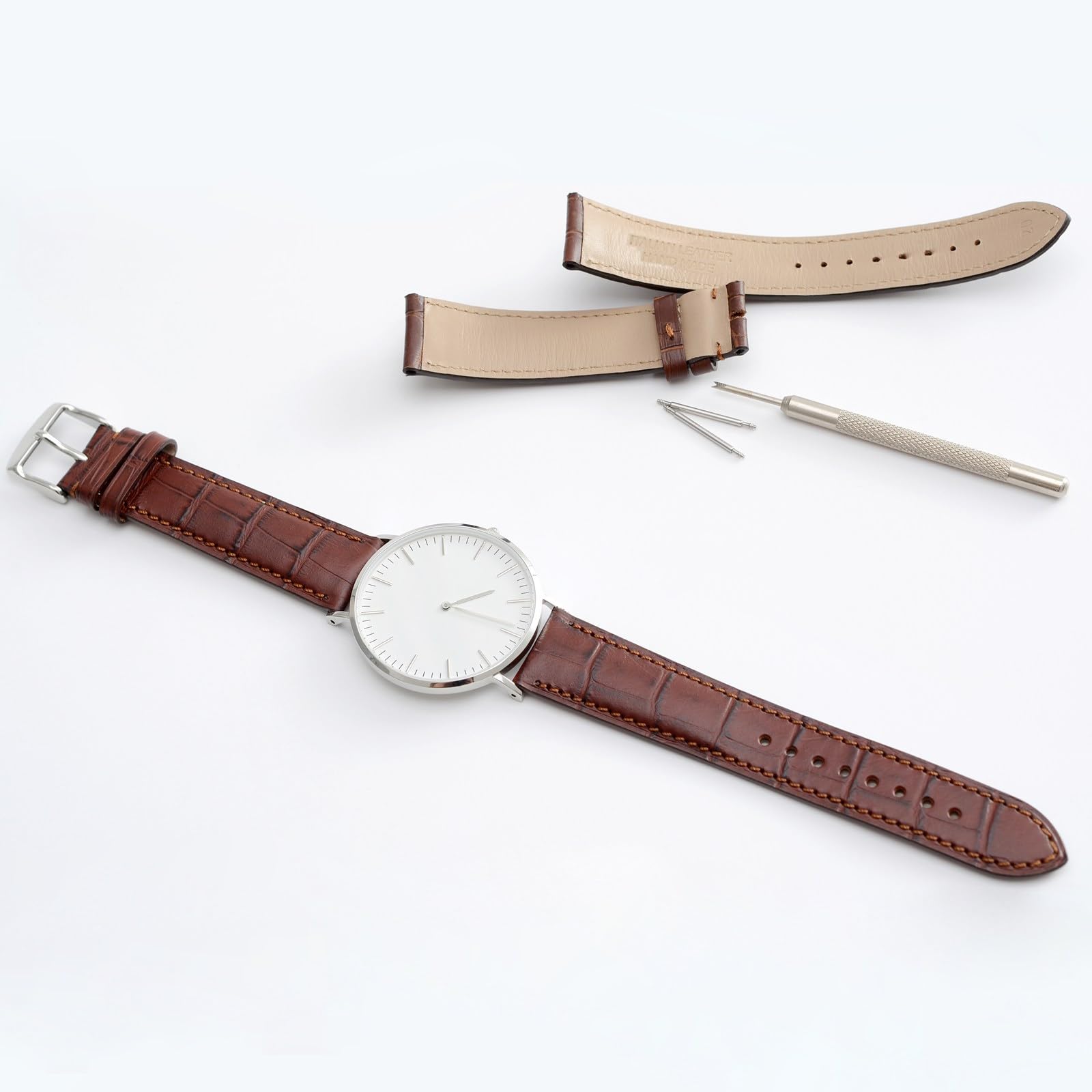 WOCCI 18mm Watch Band, Italian Leather, Embossed Alligator Grain, Silver Buckle (Brown)