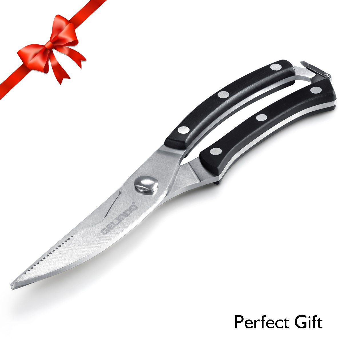 Gelindo Kitchen Scissors - Heavy Duty Stainless Steel- Spring Loaded Shears - Sharp Blade- Safety Clip- Rust Free- Comfortable Handle- Great for Poultry, Fish, Chicken, Beef, BBQ, Herbs & Plastic