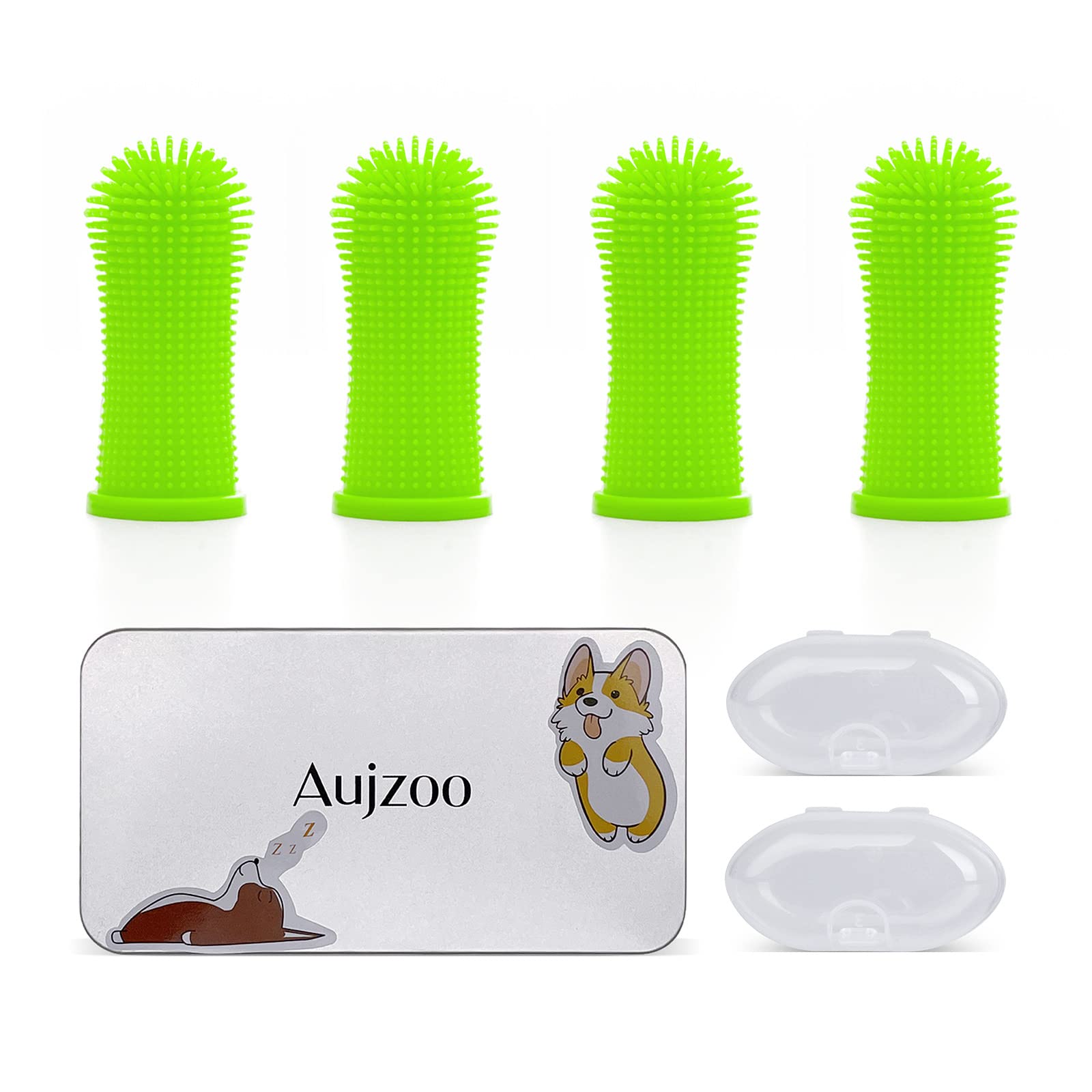 Aujzoo Dog Toothbrush Set (4 Packs), 360º Pets Teeth Cleaning Toothbrush for Dogs Cats Dental Care, Silicone Finger Teeth Brush