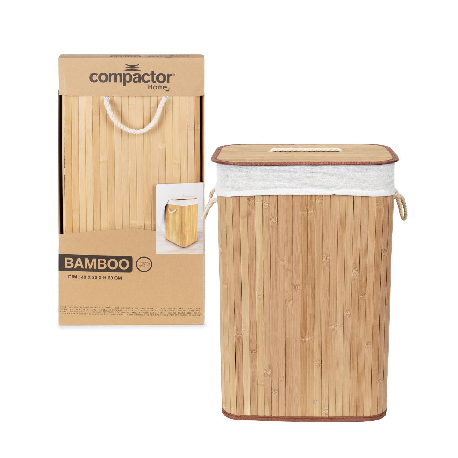 Compactor Ross XXL Rectangular Bamboo Laundry Hamper With Rope Handles - Natural, 40X30X60 cm