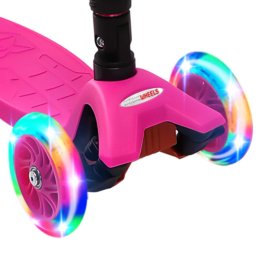 ChromeWheels Foldable Scooters for Kids, Deluxe Kick Scooter 4 Adjustable Height 132lbs Weight Limit 3 Wheel, Lean to Steer LED Light Up Wheels, Best Gifts for Girls Boys Age 3-12 Year Old
