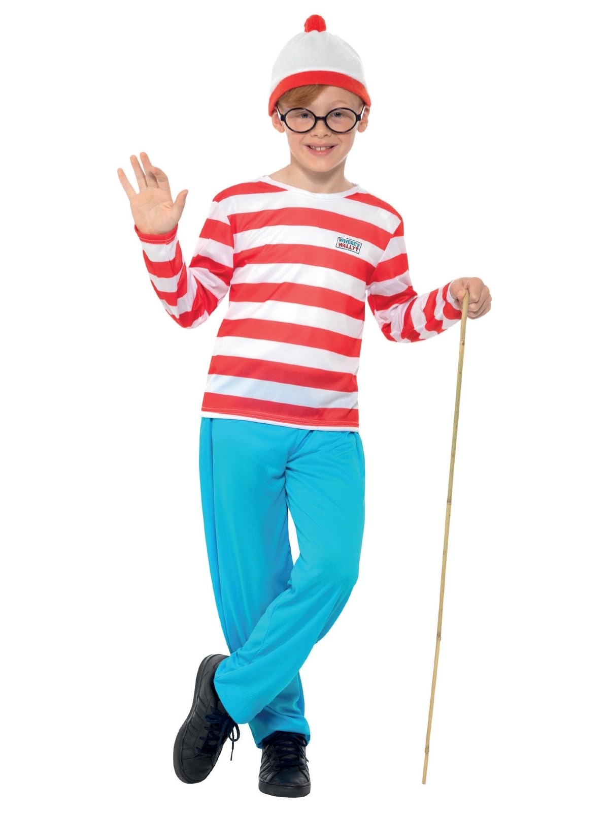 Smiffys Where's Wally Costume, Childrens Red & White Top, Trousers, Hat & Glasses, Official License Outfit with Elasticated Waist & Iconic Logo, Perfect Themed Parties or World Book Day or Halloween