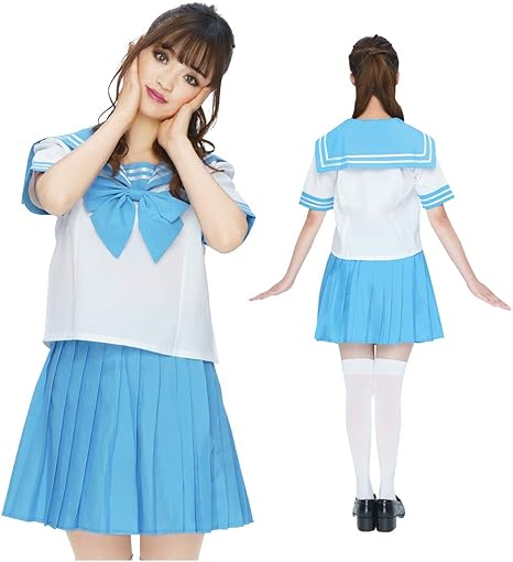 Amazon コスプレ セーラー服 全6色 カラフル カラバリ 制服 スクール セーラー リボン 女子高生 ハロウィン お揃い 衣装 ライトブルー コスプレ 仮装 通販