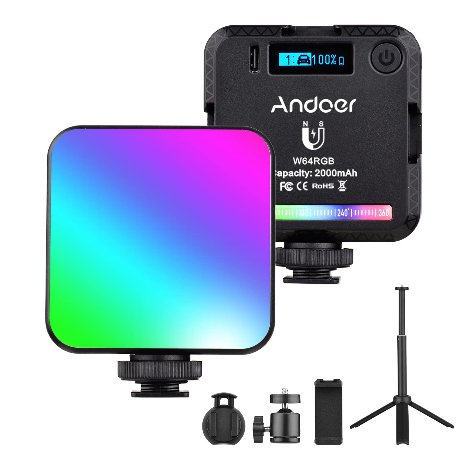 Andoer W64RGB RGB LED Video Light Kit, Video Conference Lighting 2500K-9000K Dimmable Magnetic Backside with Desktop Tripod, Ballhead, Phone Holder, Computer Clip for Vlog Selfie Live Streaming
