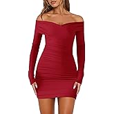Nsbonu Women's Sexy Off The Shoulder Long Sleeve Bodycon Ruched Cocktail Party Mini Dresses