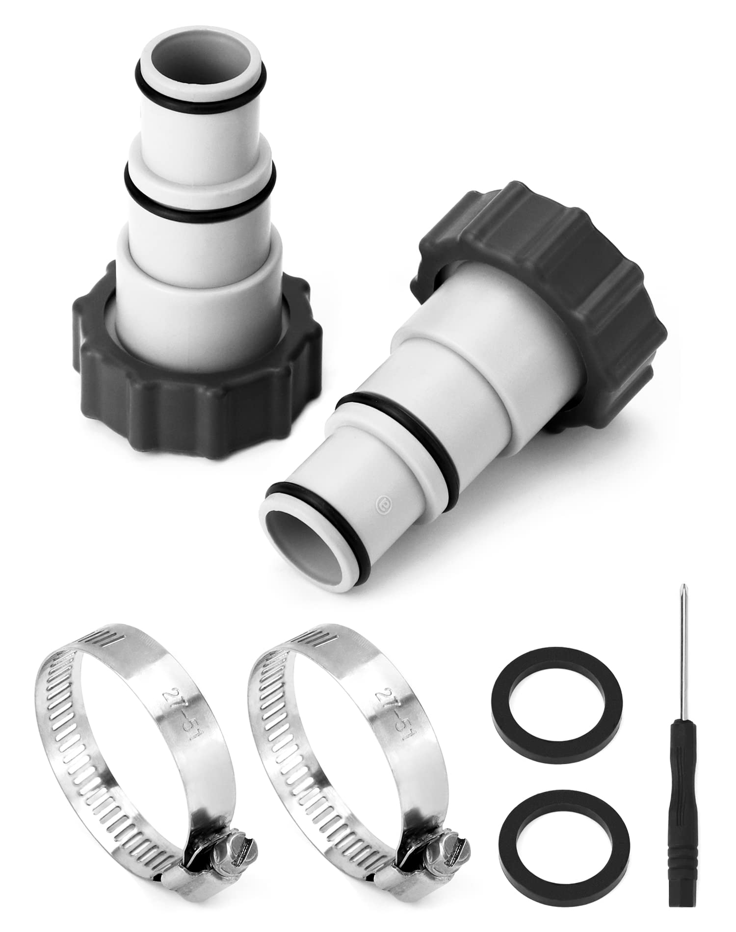 QWORK 2 Sets Plastic Pool Adapter, 1.5" to 1.25", With Collar for Threaded Connection, Fits 38mm & 32mm Hoses, For Swimming Pool Pumps