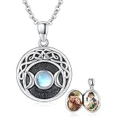 CUOKA MIRACLE Celtic Knot Sterling Silver Triple Moon Goddess Necklace - Round Locket Pendant That Holds Photos - Personalized Customize Locket for Women - Birthday & Christmas Gifts