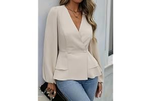 Women's Peplum Blazer V Neck Long Puff Sleeve Waist-Defined Work Office Blazer Jacket