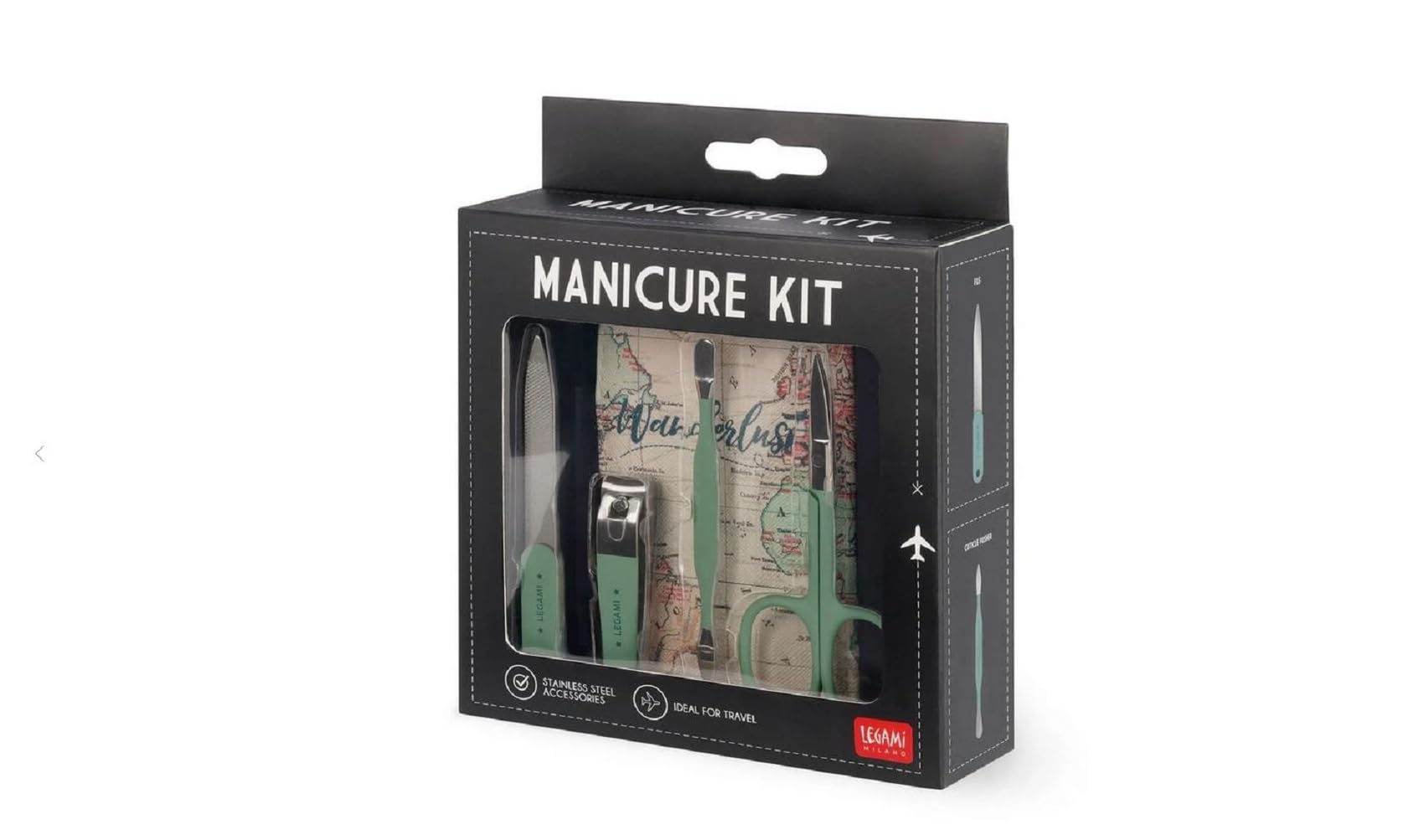 Legami - Travel Manicure Kit, Ideal for Travel, Pocket, Portable, Scissors, Nail Clippers, File, Cuticle Pusher, 4 in 1 Manicure and Pedicure Set, Gift Idea, 7.5 x 11 x 2 cm