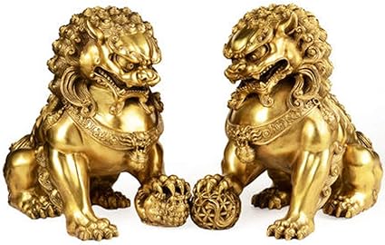 Un par de leones guardianes de latón puro par de estatuas de perros Fu