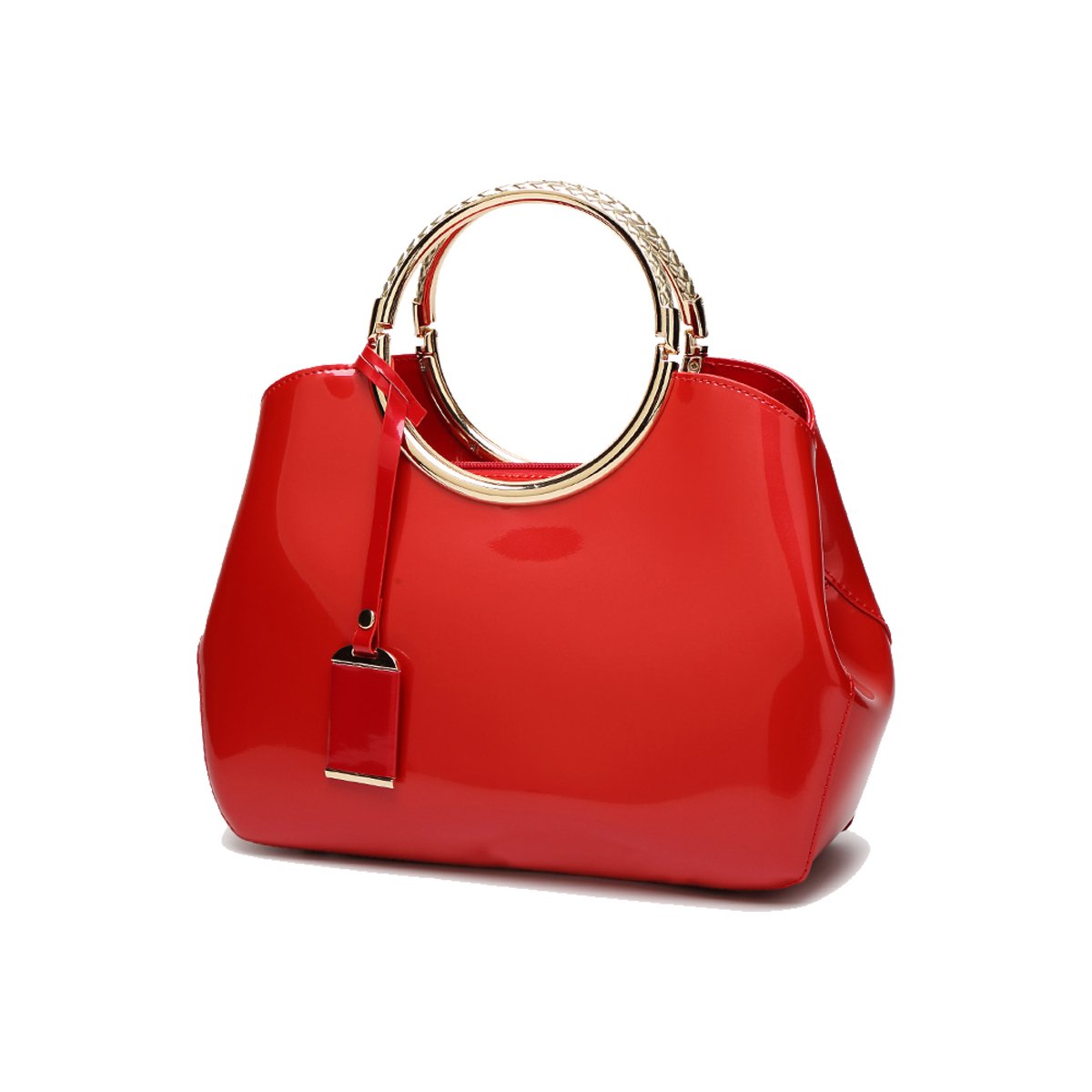 Coolives Womens Ring Handle PU Patent Leather Handbag Red