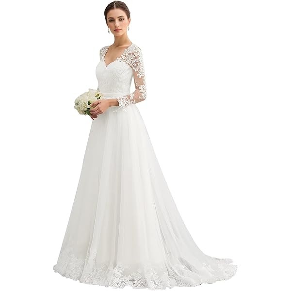 V-Neck Lace Appliques Bridal Gowns for Women Long Bridal Dresses for Wedding  A-Line Formal Dress with Sleeves Ivory 2 at Amazon Women's Clothing store
