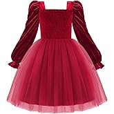 Arshiner Toddler Velvet Tutu Dress Tulle Puff Long Sleeve Square Neck Smocked Fall Winter Formal Party Birthday Dresses
