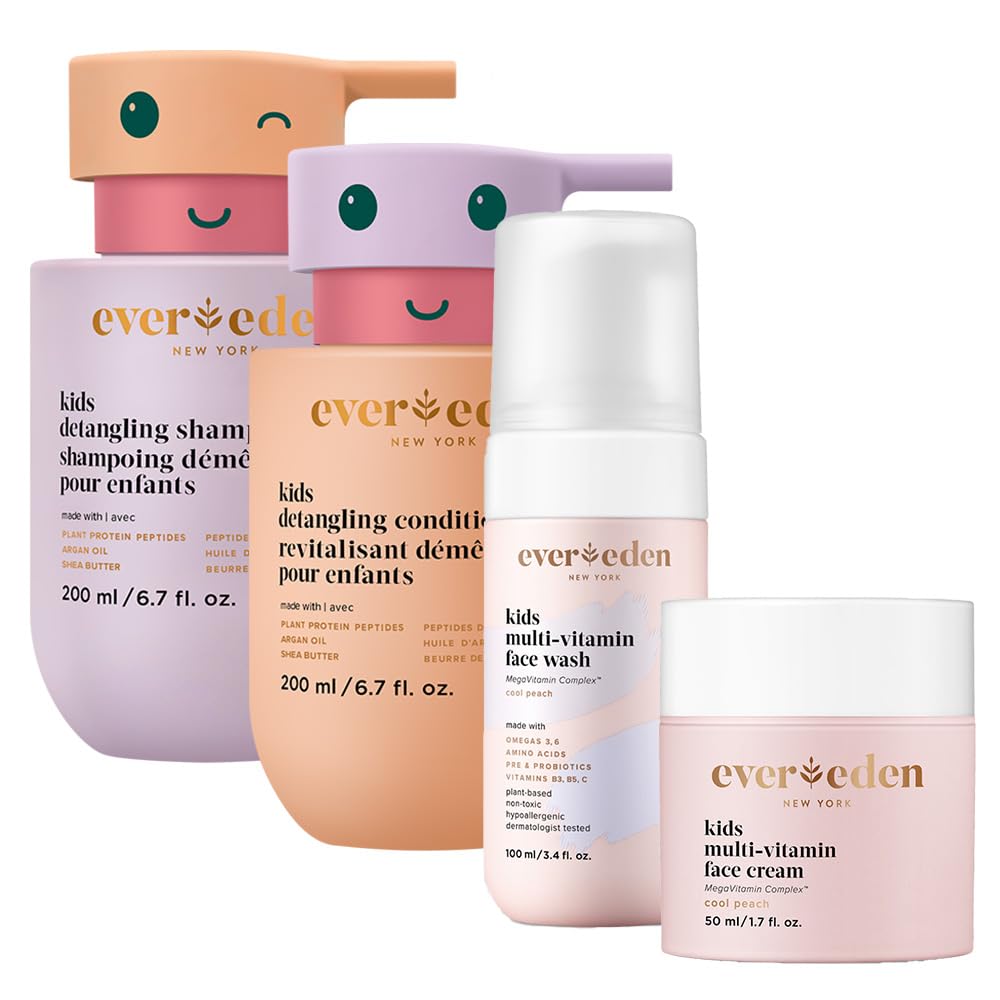 Evereden Kids Routine Bundle - Detangling Shampoo and Conditioner + Multi-Vitamin Face Wash and Face Cream for Kids 3+
