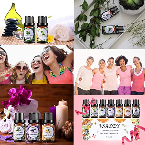 VSADEY Essential Oils Set 100% Pure Aromatherapy Essential Oil Kit for Diffuser, Humidifier, Massage, Skin Care - Lavender, Eucalyptus, Peppermint, Tea Tree, Sweet Orange, Lemongrass (7 x 10ml)