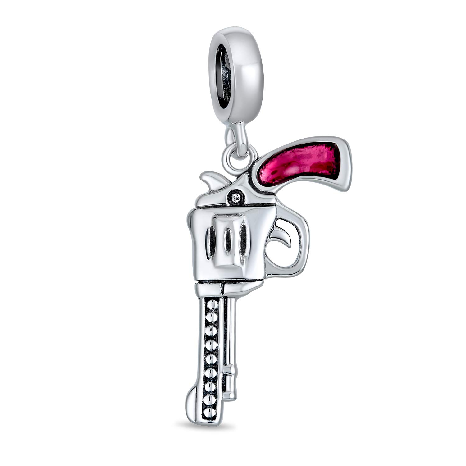 Bling Jewelry Western Marksmen Pistol Revolver Gun Dangle Bead Charm For Women Oxidized .925 Sterling Silver Fits European Bracelet