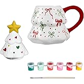 Didaey 1 Set Christmas Tree Mug with Lid Paint Your Own Mug Craft Kit with 6 Color Paints and Brush DIY Ceramic Christmas Coffee Mugs for Xmas Festive Holiday Gift