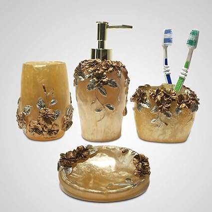 ARG HEALTH CARE Stone Finish Vintage Royal Design Resin Bathroom Set (Golden) - 4 Pieces